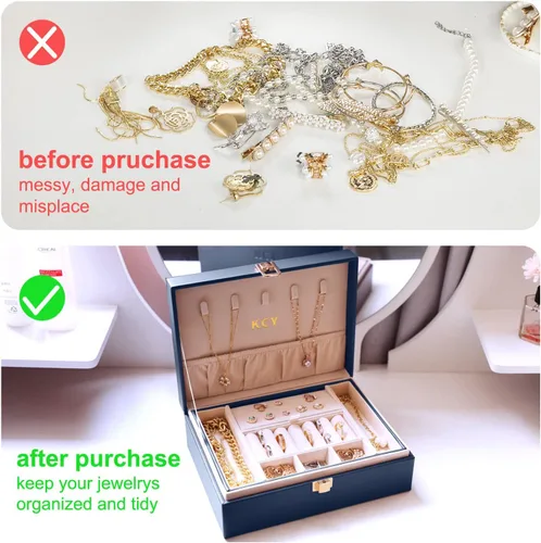 Vista 6 de KCY Organizador de joyas para mujeres y niñas estuche grande de cuero sintético con soporte de exhibición de 2 capas y bandeja extraíble para aretes