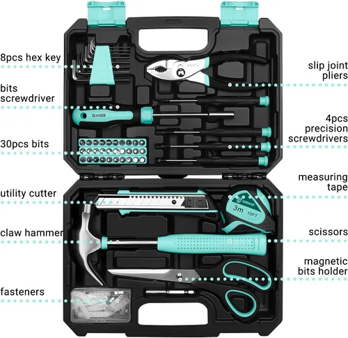 Vista 2 de DEKOPRO Kit de herramientas manuales generales para el hogar de 50 piezas con caja de herramientas de plástico, kit de herramientas multiusos