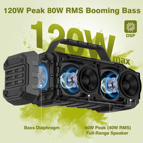 Vista 2 de Altavoz Bluetooth de 120W Pico 80W Portátil Inalámbrico Hi-Fi Fuerte para Exteriores IPX6 Impermeable Altavoces Grandes para Fiestas con Graves