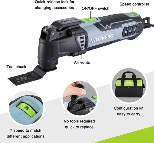 Vista 3 de WORKPRO Kit de múltiples herramientas oscilantes para Navidad, sierra oscilante reemplazable de bloqueo rápido con cable de 3.0 amperios con 7