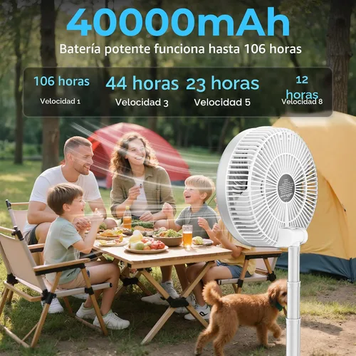 Vista 2 de Ventilador de viaje portátil de 40000 mAh, ventilador plegable recargable, funcionamiento de 106 horas, ventilador oscilante de pie de 8 Blanco