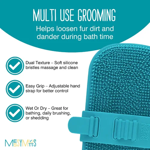 Vista 2 de Messy Mutts Cepillo reversible de silicona de doble cara para mascotas Masaje suave, cepillado, baño y herramienta de eliminación de pelo de perro