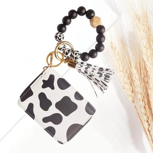 Vista 5 de Llavero de pulsera con bonito estampado de vaca, tarjetero con bolsillo, monedero, llavero para mujer, Whiteblack Ch