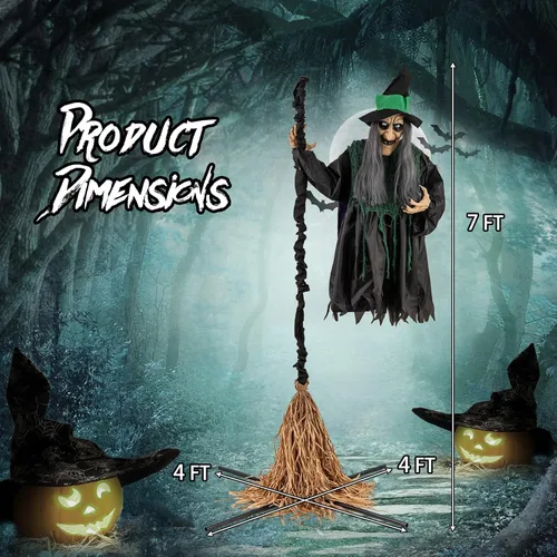 Vista 8 de Tangkula Bruja voladora de Halloween de 7 pies en decoración de escoba