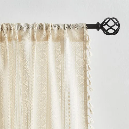 Vista 6 de Amzdecor Cortinas bohemias con borlas de encaje beige para dormitorio, sala de estar, lino texturizado elegante, patrón geométrico rústico