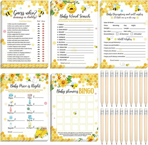 Vista 25 de Yinder 145 tarjetas de actividades para juegos de baby shower con 20 lápices, incluye descripción de bingo para bebés y deseos, adivina quién es
