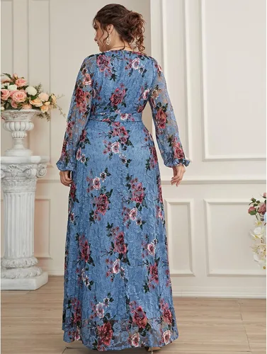 Vista 4 de TOLEEN Vestido de talla grande para mujer cuello en V bordado rosa elegante formal con malla