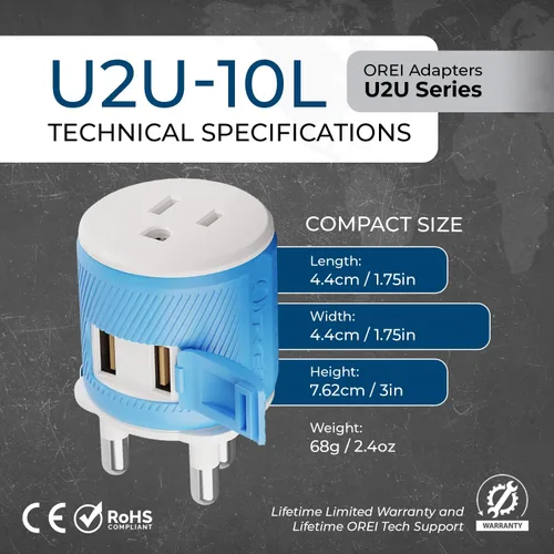 Vista 5 de OREI Adaptador de enchufe para viajes a Sudáfrica, Botsuana, Namibia con doble USB - Entrada EE. UU. - Tipo M (U2U-10L), Funcionará con teléfonos