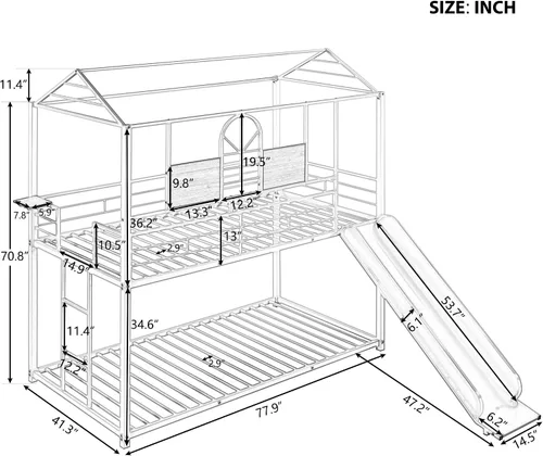 Vista 2 de Litera de metal individual sobre individual con escalera, litera de metal con tobogán para dormitorio de niños (casa negra con tobogán)