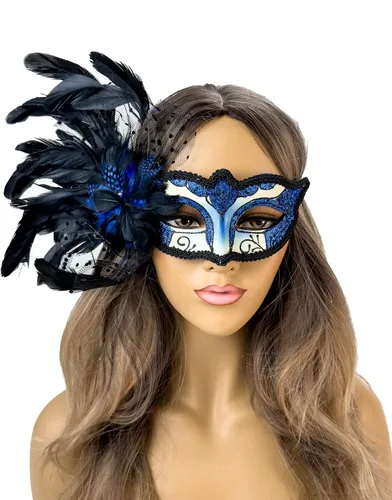 Vista 8 de Elegante máscara de plumas para mascarada, Mardi Gras, máscaras burlesque para mujer, disfraz de plumas, máscaras venecianas