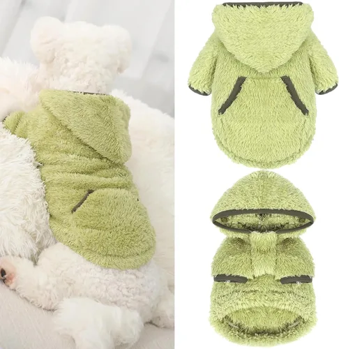 Vista 4 de Suéter de forro polar con capucha para perro, suéteres cálidos de terciopelo mullido, ropa de invierno para perros pequeños, hembra, niño, abrigos