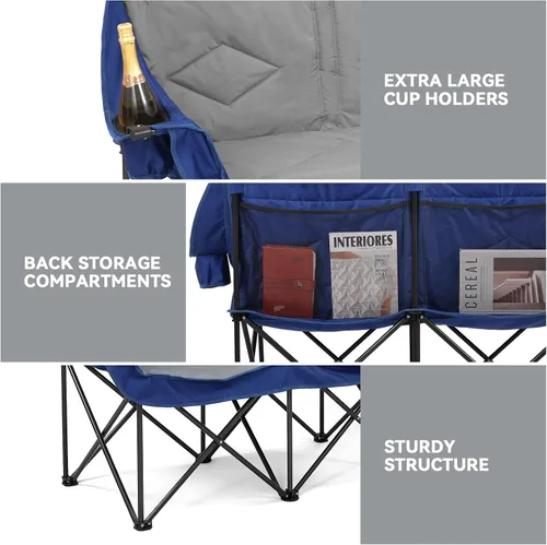 Vista 5 de Sillas de campamento dobles de gran tamaño, silla de campamento para 2 personas, silla plegable portátil para adultos exteriores, sofá de campamento