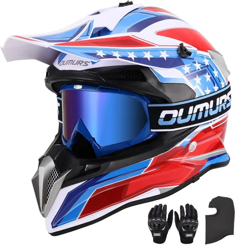Vista 10 de OUMURS DOT Casco de Dirt Bike para Adultos con Gafas, Guantes y Máscara, Visera Solar Ajustable, Casco de Motocicleta ATV Todoterreno Motocross