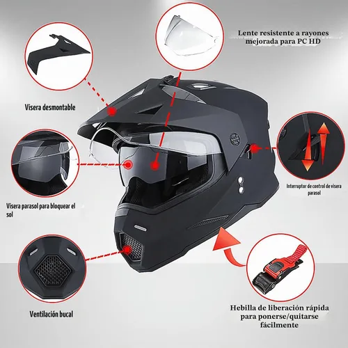 Vista 5 de 1Storm Dual Sport Motocross Off Road Casco de cara completa con visera doble: HF802 Fibra dual negra