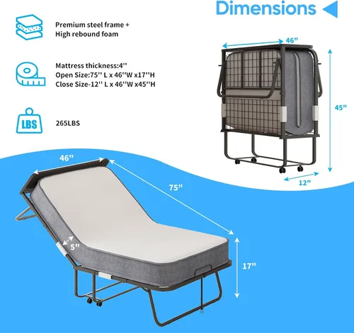 Vista 3 de Mjkone Cama plegable con colchón, cama rodante para adultos con cabecero y bolsa antipolvo, cama plegable portátil de 5 pulgadas para huéspedes