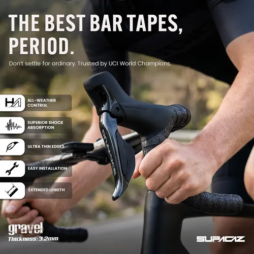 Vista 2 de Supacaz Cinta adhesiva súper pegajosa para barra de grava, cinta de agarre para manillar de bicicleta de carretera Negro