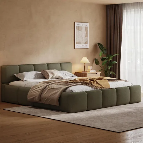 Vista 4 de Christopher Knight Home Hazel - Cama de plataforma tamaño King, cabecero y pie de cama gruesos de lino, camas tapizadas con base sólida