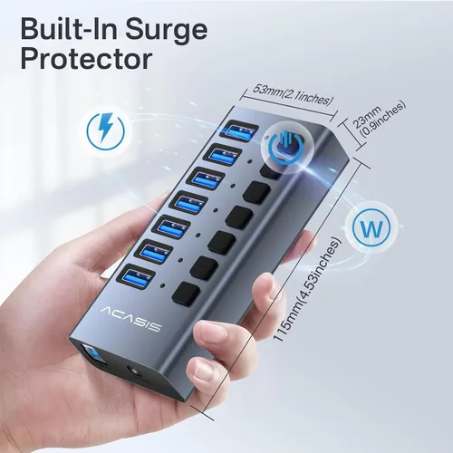 Vista 5 de Hub USB 3.2 alimentado, concentrador USB 3.2 de 7 puertos ACASIS con velocidad de datos de 10 Gbps, carcasa de aluminio, concentrador USB alimentado
