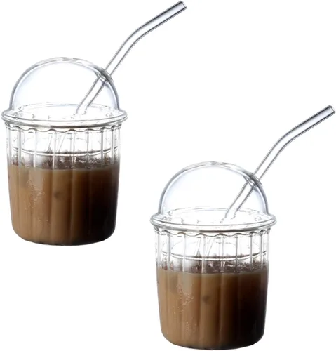 Vista 8 de TITA-DONG Lindos vasos para beber con tapa de cúpula y pajilla, vasos reutilizables de boca ancha para batidos de 15 onzas, vaso de vidrio para café