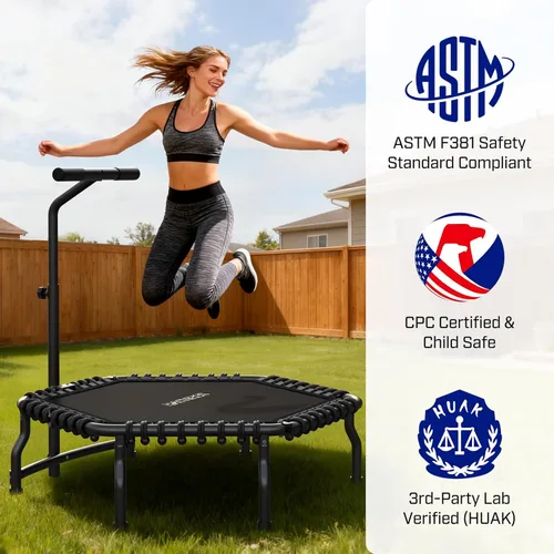 Vista 4 de ANCHEER Trampolín, trampolín de rebote de 50'' para adultos con barra, mini trampolín para interiores y exteriores, trampolín de fitness de 550LBS