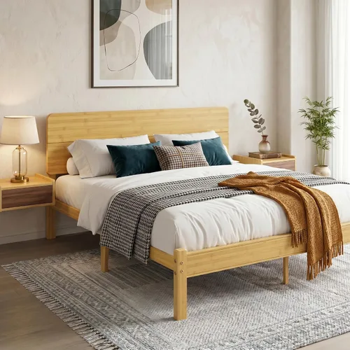 Vista 15 de Marco de cama individual de madera de bambú maciza de 14 pulgadas de alto con cabecero, soporte de listones de metal resistente, fácil montaje,
