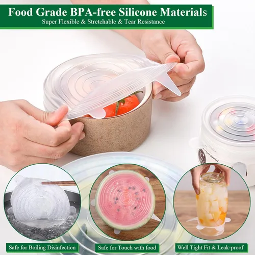 Vista 3 de Tapas elásticas de silicona, paquete de 12 tapas de silicona reutilizables para almacenamiento de alimentos, cubiertas de silicona sin BPA