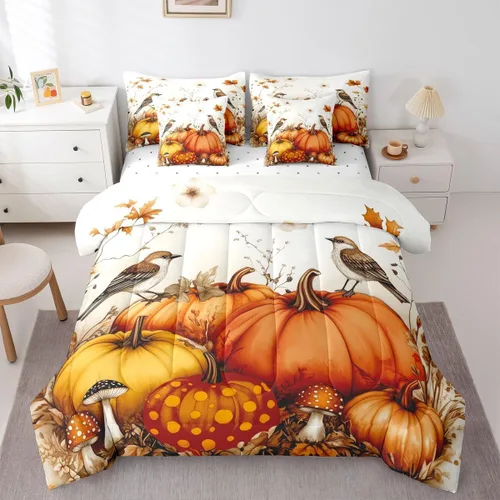 Vista 23 de Feelyou Fall Pumpkin Comforter Set with Sheets 7 Piece Twin Size Autumn Bed in a Bag Kids Boys Girls Pumpkin Maple Leaf Bedding Set Hummingbird Beig