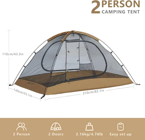 Vista 2 de BISINNA Tienda de campaña para 2 personas, ligera, impermeable, 3 estaciones, con poste de aluminio para montañismo al aire libre, senderismo, viajes