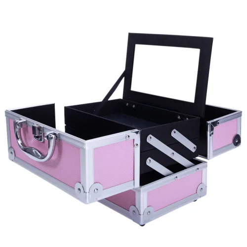 Vista 4 de Estuche de tren de maquillaje portátil profesional, estuche de aluminio para maquillaje, joyero, organizador de almacenamiento de cosméticos con Rosa