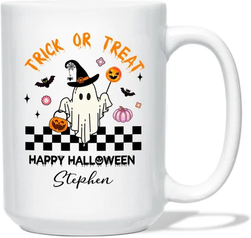 Vista 18 de Taza de café blanca personalizada de Halloween Besties, Besties Forever y 3 tazas de café Boo de 11 onzas y 15 onzas, bonita taza de cerámica Boo