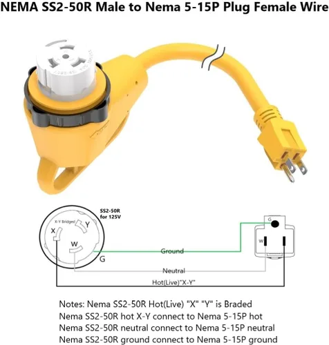Vista 4 de Cable de extensión 110-RV de 15 pies de 50 amperios a 15 amperios, NEMA 5-15P a SS2-50R, cable de extensión 10AWG en ángulo de 50 amperios a 15