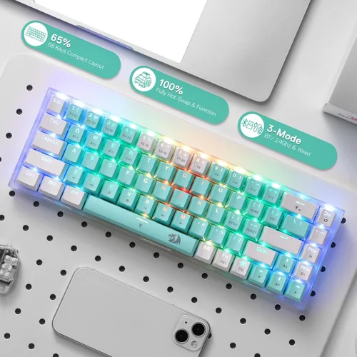 Vista 2 de Redragon K631 PRO WT Teclado inalámbrico RGB para juegos 65% de 3 modos, teclado mecánico compacto intercambiable en caliente con conector PCB sin