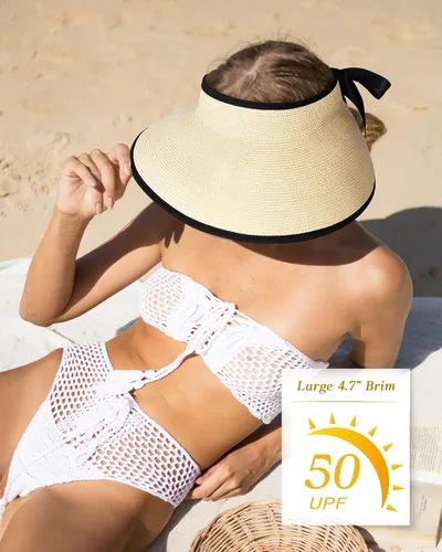 Vista 2 de Camptrace UPF 50+ Sun Visors for Women Wide Brim Beach Hat Foldable Straw Visor Hat Ponytail Summer Packable