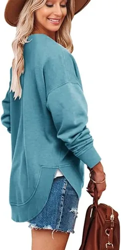 Vista 2 de Heltapy Womens Crewneck Sweatshirt Simple Long Sleeve Casual Pullover Side Split Tops
