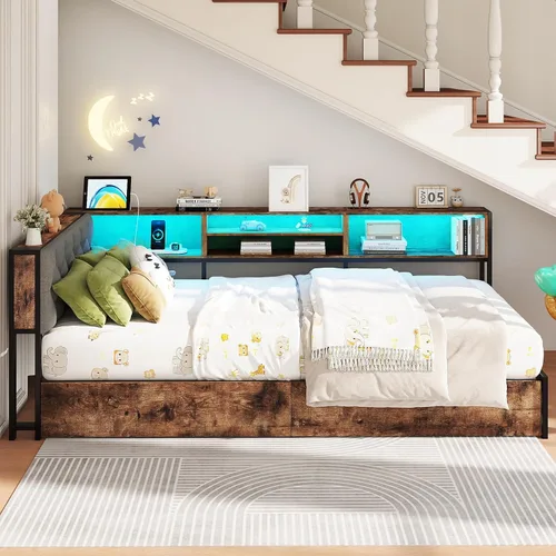 Vista 2 de Doltoro Marco de Cama de Esquina Individual con Estantería de Almacenamiento y Luces LED, Cama Diván Tamaño Individual con 2 Cajones de Gris