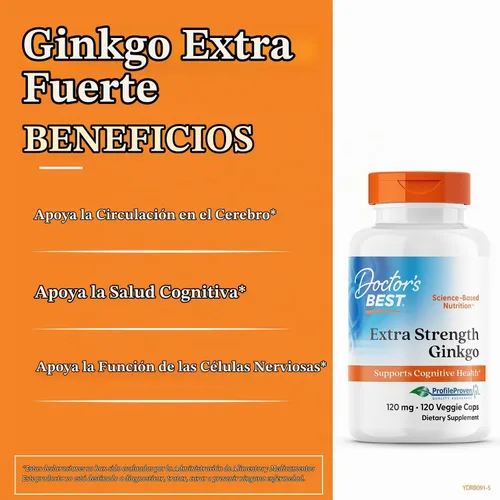 Vista 2 de Doctor's Best Ginkgo extra fuerte, sin OMG, sin gluten, vegano, sin soja, promueve la función mental y la memoria, 120 mg, 120