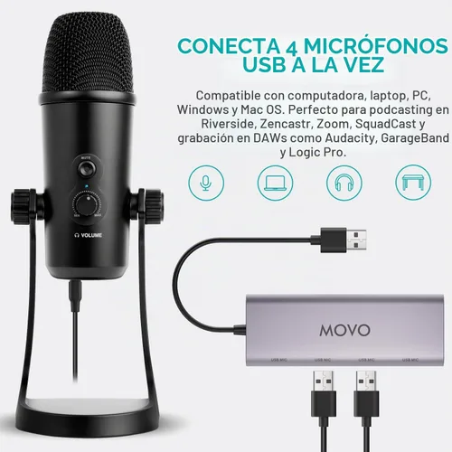 Vista 2 de Paquete de podcast USB para 2 personas Movo - 2 micrófonos de condensador y concentrador USB Negro