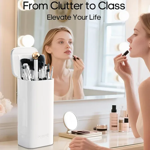 Vista 2 de Osuke Makeup Brush Holder with Lid Cosmetic Tools Organizer,One Touch Open 4 Slot Makeup Brush Case with Waterproof Dustproof, Cosmetic Storage for