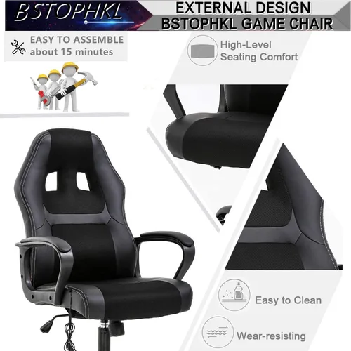 Vista 6 de Silla para videojuegos, silla de oficina de masaje, sillas ergonómicas de videojuegos, silla reclinable ajustable para computadora con soporte Negro