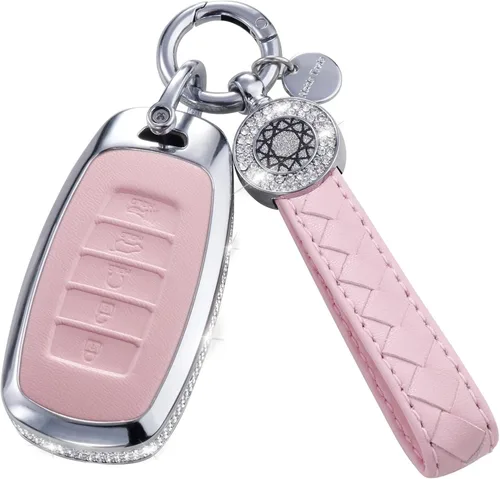 Vista 19 de Funda para llave inteligente con llavero, de piel auténtica color rosa, con cristales, carcasa protectora