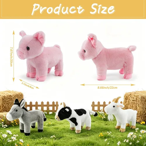 Vista 2 de Juego de 4 animales de peluche de granja de 8 pulgadas – cerdo, cabra, vaca y burro, juguetes ultrasuaves y lavables para niños, adorable decoración