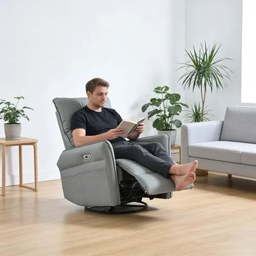 Vista 2 de Silla reclinable giratoria eléctrica, mecedora eléctrica con puertos USB, piel sintética para sala de estar (azul gris)