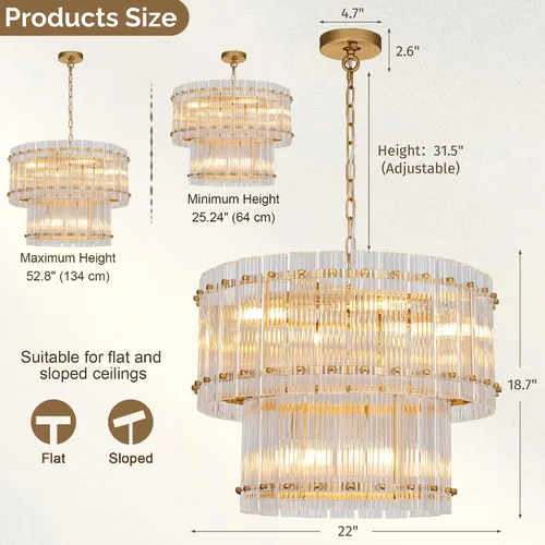 Vista 4 de TOCHIC Candelabro de cristal dorado de 6 luces, lámpara moderna de granja de 2 niveles para comedor, lámpara colgante para sala de estar