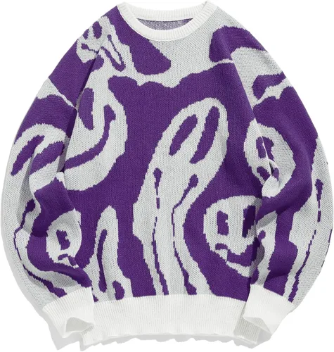 Vista 78 de ZAFUL Y2K - Suéter casual con estampado de llama estética para hombre, suéter de punto holgado, manga larga, cuello redondo