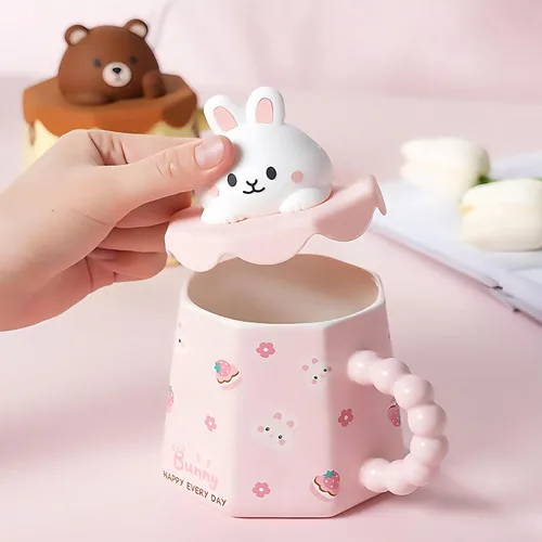 Vista 8 de Taza GawmFoiuy Mark con pajita, taza de cerámica con estampado de animales, 414 ml, tazas de café y té kawaii, tazas de animales divertidas, taza