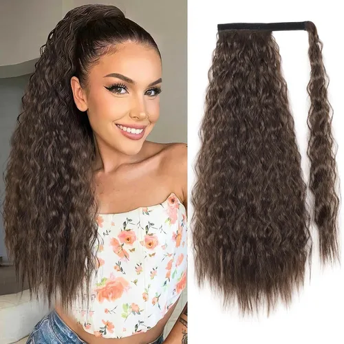 Vista 11 de Extensión de cola de caballo larga con ondas de maíz, pasta mágica, resistente al calor, ondulada, sintética, envolvente, extensión de cola