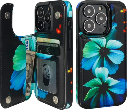 Vista 14 de HAOPINSH Funda tipo cartera con tarjetero para iPhone 14/13, diseño de Girasoles Bandera Americana