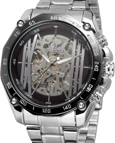 Vista 2 de FORSINING Pulsera de acero inoxidable única para hombre, reloj de esqueleto, Reloj de esqueleto