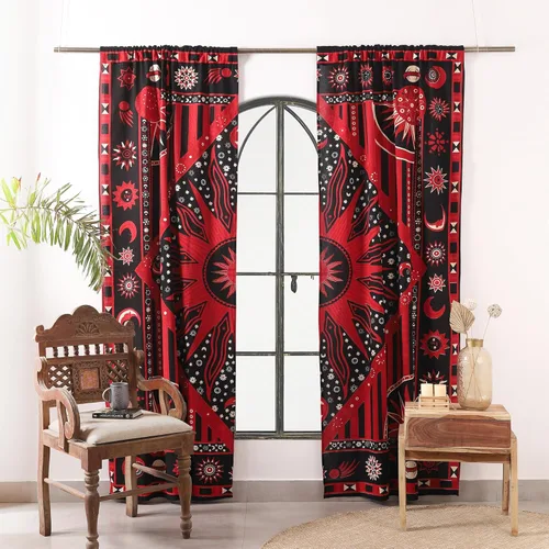 Vista 11 de Popular Handicrafts – Cortinas de ventana con diseño de mandala hippie indio, estilo bohemio, sol ardiente, luna gitana, hermosas cortinas
