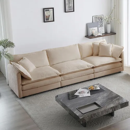 Vista 8 de KIVENJAJA Sofá biplaza de chenilla, sofá grande de 2 plazas con nube, moderno y cómodo asiento profundo con 4 almohadas para sala de estar, Beige